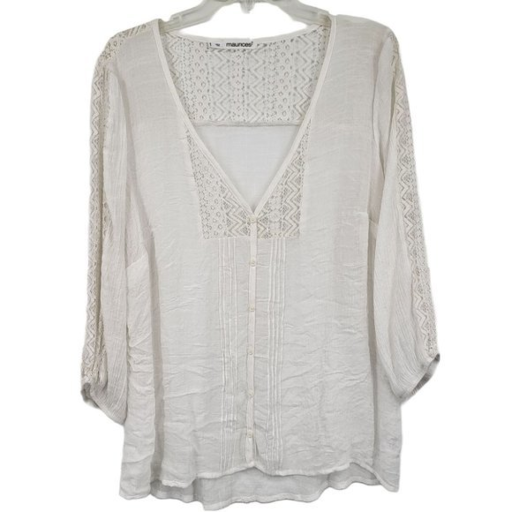 Maurices Womens Size‎ 1 White Lace Button Up 3/4 Sleeve V Neck Shirt Blouse